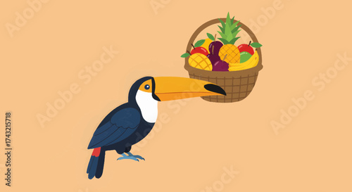 Vibrant tropical toucan illustration next to a bountiful fruit basket, showcasing fresh produce and exotic flavors, perfect for themes of health, nature, and vitality