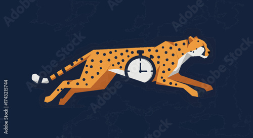 Dynamic illustration of a running cheetah with an integrated stopwatch, symbolizing rapid business growth, time management, and agile efficiency for modern challenges and swift solutions