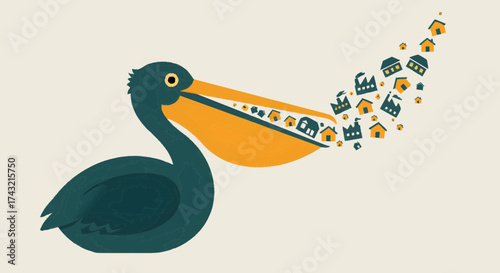 A stylized pelican illustration conceptually expelling a stream of diverse residential and industrial buildings, symbolizing the dynamic processes of urban development and economic growth