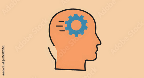 Dynamic brain activity illustration with a stylized head and fast-moving gear, signifying cleverness, strategic planning, continuous learning, and intellectual processing