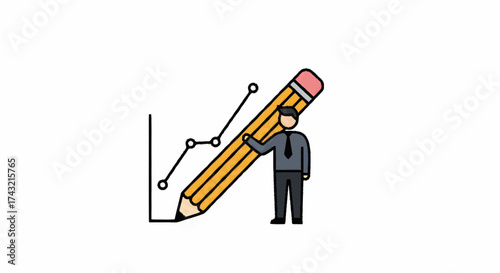 Professional drawing an upward trend on a graph with a large pencil, symbolizing business growth, strategic analysis, financial success, and project development
