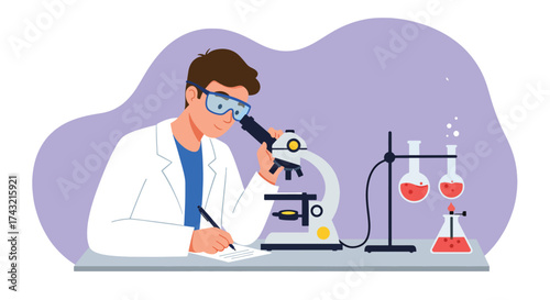 Scientist in lab coat examining specimen under microscope taking notes.