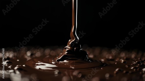 Pouring liquid creates a flowing, swirling form against a dark background. Rich, dark hues abound