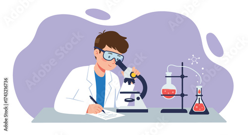 Young scientist in lab coat observing through microscope and taking notes.