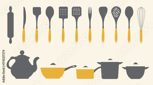 Various kitchen tools are organized in a stylish manner, showcasing spatulas, pots, and a kettle in gray and yellow colors. Perfect for cooking enthusiasts.