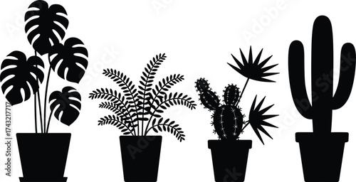 Black and white potted plant and cactus silhouette set, minimalist botanical vector art, modern home decor, indoor greenery illustration