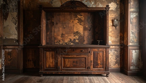cabinet hutch interior background, vintage antique furniture, rustic aged wood, dark brown, old grunge texture