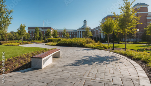 Grand Brick Building with Dome and Lush Greenery architectural
