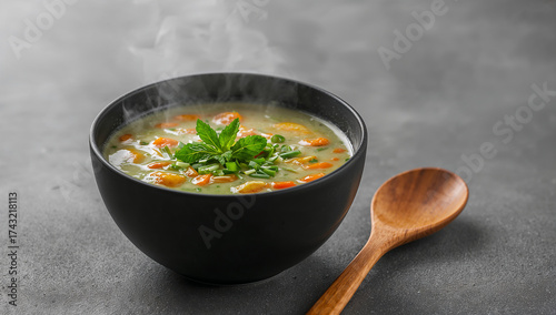 Steaming green soup with carrots and mint vegetable soup