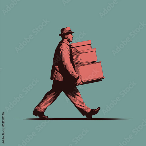 A man in a hat walks confidently while carrying several stacked boxes. The scene features a simple and bold retro illustration style with soft colors.