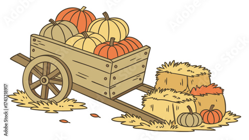 Harvest pumpkins in wooden wagon with hay bales autumn fall season thanksgiving illustration art