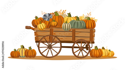Harvest pumpkins wagon autumn fall seasonal thanksgiving decoration vector illustration