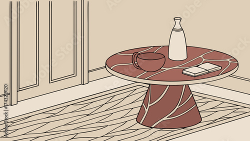 Illustration of modern interior design with round table, vase, book, and coffee cup on rug floor