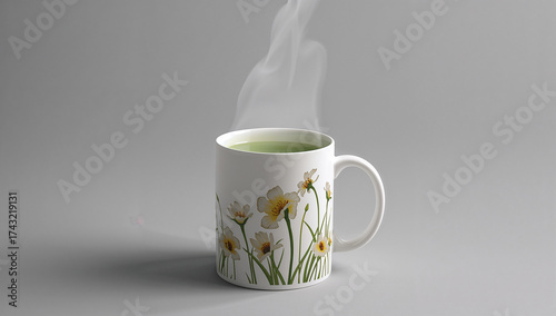 White mug with yellow flowers and green tea steam