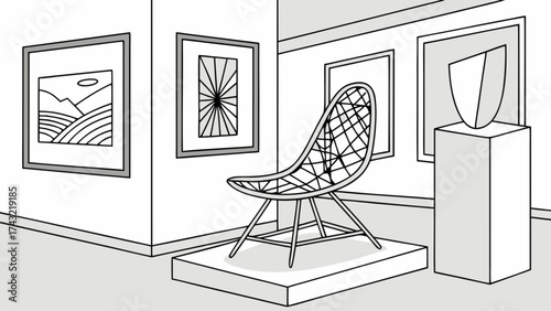 Modern art gallery interior design with chair sculpture and framed artwork exhibition display space