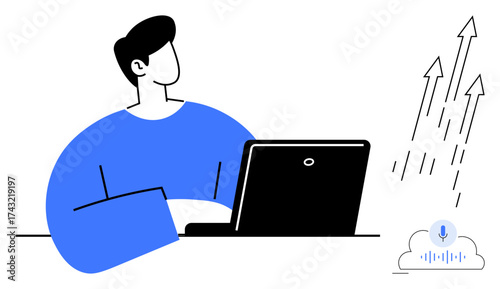 Person at laptop focusing on work, cloud with voice assistant symbol, and arrows pointing upwards. Ideal for productivity, innovation, digital communication, technology growth, cloud computing