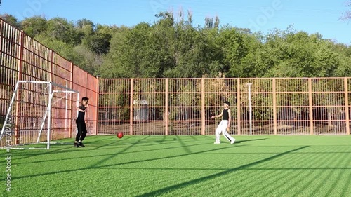 Wide angle shows two male players on expansive green field. One near goal watching, second walks toward him, ball at feet.