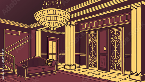 Elegant hotel lobby interior design illustration with chandelier and sofa art deco style drawing
