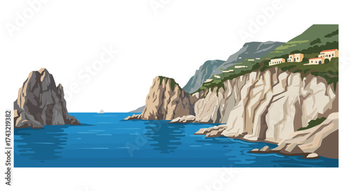 Stunning Coastal View of Rocky Cliffs and Turquoise Sea Illustration