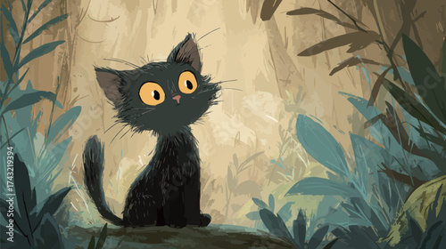 A small black cat with large yellow eyes curiously investigates a bright forest clearing surrounded by lush greenery, showcasing a lively and enchanting atmosphere.
