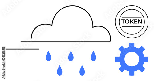 Cloud and falling raindrops linked to gear and token shapes, blending weather and digital concepts. Ideal for data flow, digital systems, process automation, cloud computing, innovation, blockchain