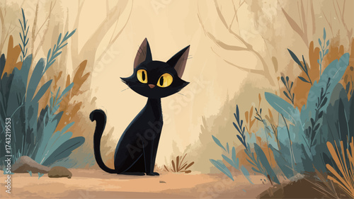A black cat with bright yellow eyes sits peacefully on a soft path in a lively forest. Surrounding plants display various colors, adding vibrancy to the scene.