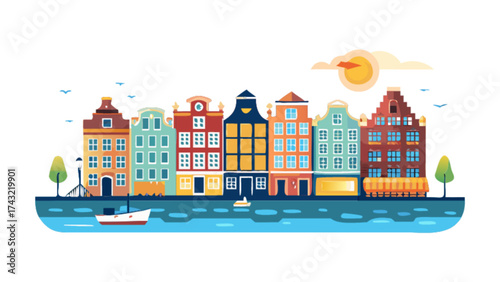 Amsterdam canal houses vector illustration, colorful european city architecture travel landmark design