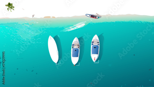 Aerial view of boats and surfboard on tropical beach paradise summer vacation destination scene