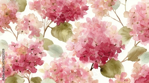 A vibrant watercolor design featuring pink and red hydrangea flowers with delicate green leaves against a light background.