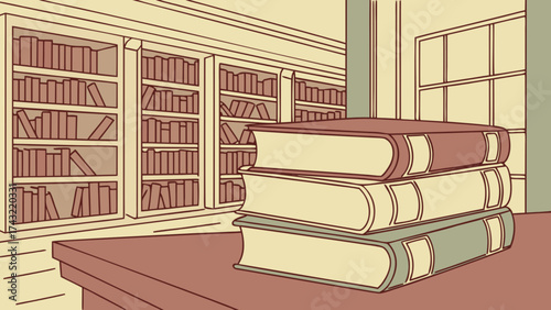 Illustration of stacked books in library study room for reading education and knowledge resources with books