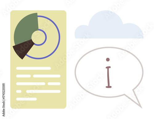 Circular chart, text layout, cloud shape, and speech bubble with i icon. Ideal for analytics, data sharing, cloud services, communication statistics education and research. Simple flat metaphor