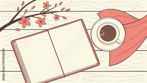 Cozy spring morning scene with open book, coffee cup and cherry blossom branch on wooden table flatlay