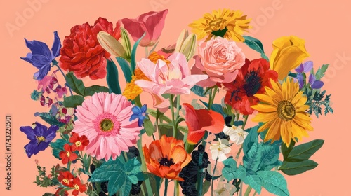 A vibrant bouquet of various flowers in bright colors set against a soft pink background, showcasing nature's beauty and diversity.