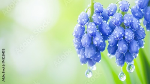 A cluster of blue flowers with droplets of water, set against a soft, blurred green background, creating a serene and refreshing atmosphere.