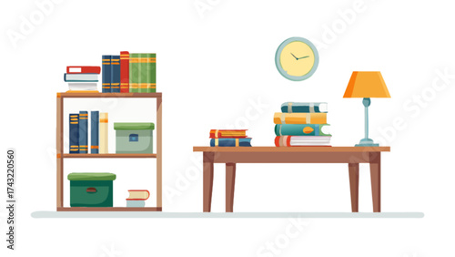 Illustration of study room interior with bookshelf desk lamp and clock vector design learning space, 94 characters