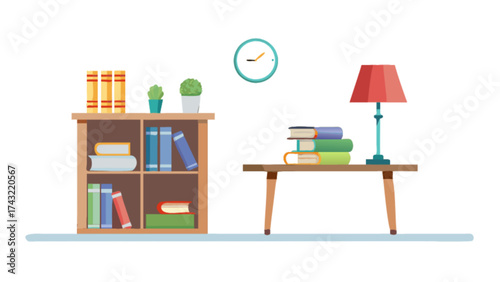 Illustration of home interior with bookshelf table lamp clock and books for living room design