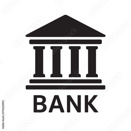 Black bank building icon with columns and word bank finance money