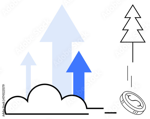 Rising arrows signify upward trends. Coin represents financial growth. A tree symbolizes sustainability. Ideal for business, investment, growth, progress, sustainability, economics and green