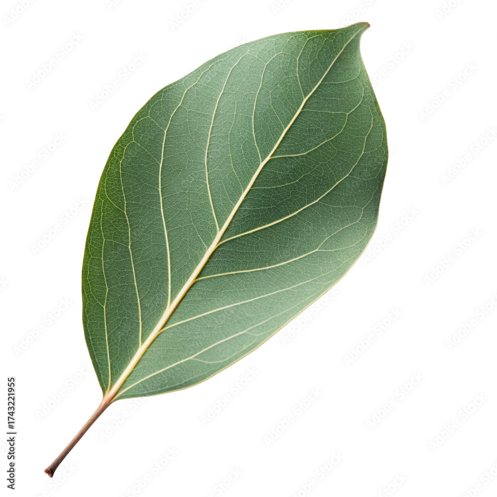 Obraz premium Close-up of a single vibrant green leaf with intricate vein patterns on a stark backdrop