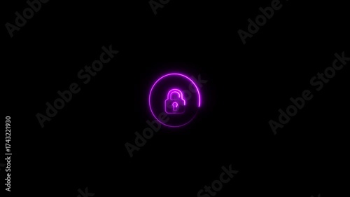 Glowing neon padlock icon symbolizing digital access, cybersecurity, privacy and secure data systems. protect privacy close padlock encryption sign symbol on black background.