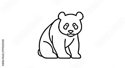 Simple black and white line drawing of a sitting panda bear, facing forward.
