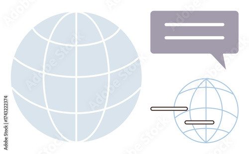 Globe with grid lines, chat bubble, and smaller globe with dialogue, representing worldwide connection, messaging, and digital interaction. Ideal for technology, communication, globalization