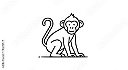 Minimalist line art illustration of a monkey sitting with its tail curled, depicted in black and white on a plain background.