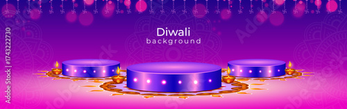 Vector illustration of Diwali background with purple podium and lights social media template