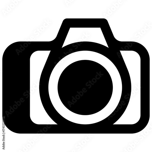 Camera. Outlined stroke vector icon with black-filled details.