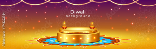 Vector illustration of Diwali background with golden podium and lights social media template