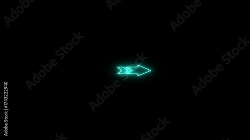 Abstract directional neon arrow icon animation on black background. Glowing neon cyan color direction right arrow icon animation road signal.