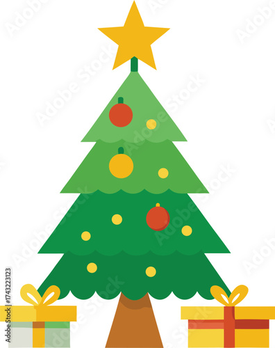 Festive green christmas tree with golden tinsel and gifts vector illustration