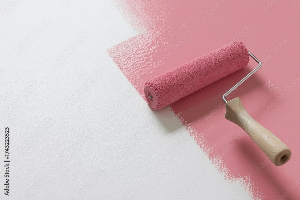 Obraz premium Paint Roller with peach paint banner. painting wall Painting apartment, renovating with trendy peach color paint. Decoration Materials special offer, sale banner.