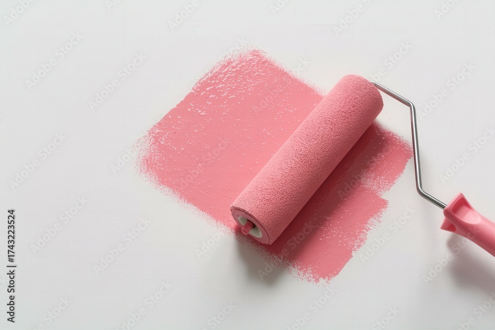Obraz premium Paint Roller with peach paint banner. painting wall Painting apartment, renovating with trendy peach color paint. Decoration Materials special offer, sale banner.